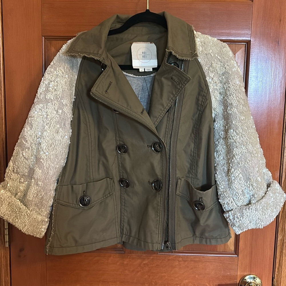 Hei Hei Swing Jacket Womens Med. Olive Green & Cream Sequin Sleeve